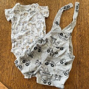 Baby clothes bundle - size 3 month, tractor theme. 1 onesie and 1 overall